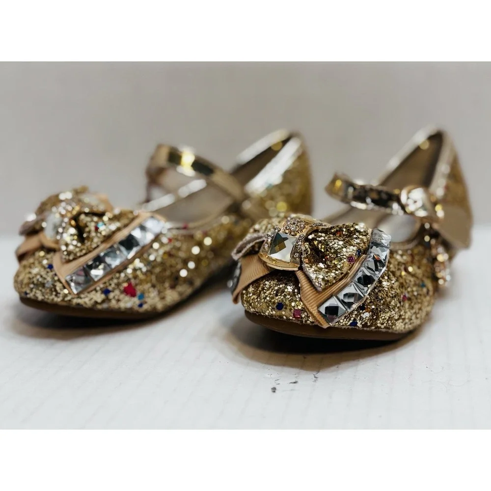 Wal-Fou Girls Gold Glitter Mary Jane Dress‎ Shoes Rhinestone Bow Size 7 Kids